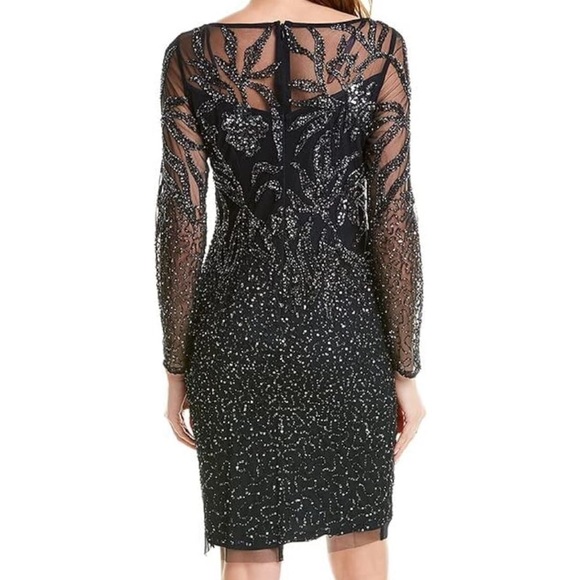 Adrianna Papell Long Sleeve Sequined Beaded Mesh Dress-Midnight Short - Picture 3 of 10